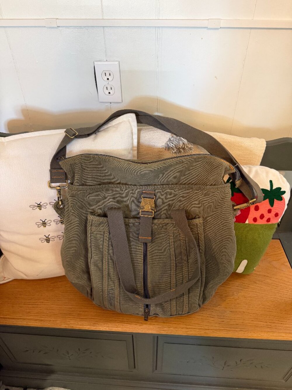 Vintage L.L. Bean Olive Green Canvas 2-Way Multi-Pocket Utility Shoulder Bag